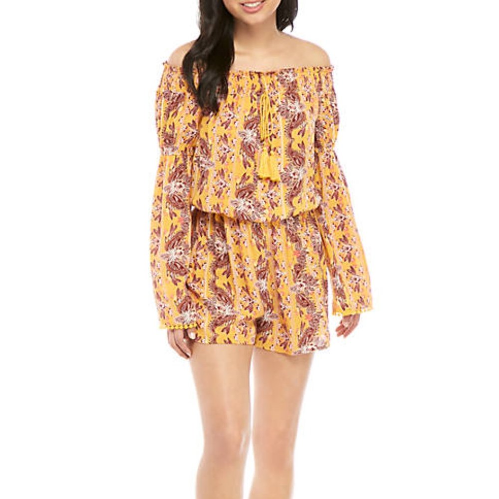 Wonderly Yellow Floral Off Shoulder Romper Long Sleeve Large New